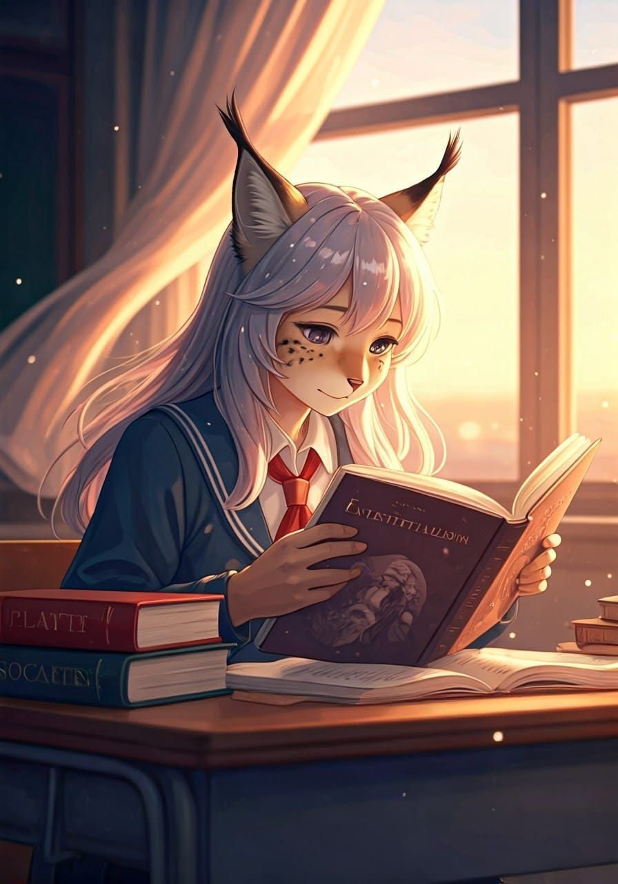 Lynx Reads Existentialism in Anime Watercolor Style