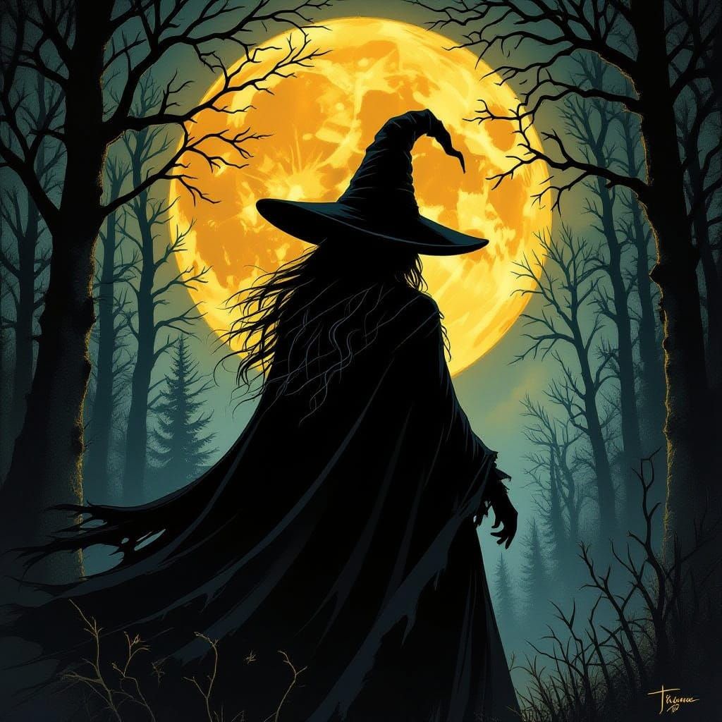 Dark Witch Under Junketing Moon, in Golden Oil Tones