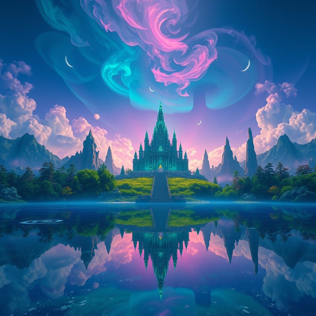 Mystical Temple in Vibrant, Ethereal Landscape