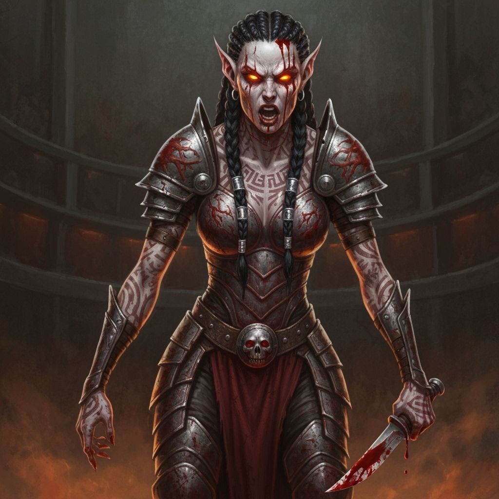 Drow Warrior Belzira Baenrith in Blood-Soaked Coliseum