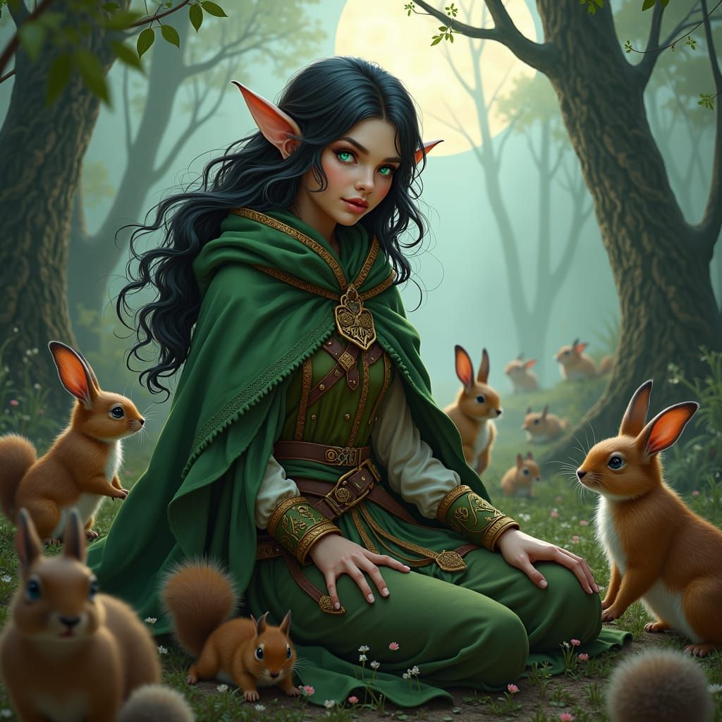 Halfling Ranger in Moonlit Forest, Digital Matte Painting