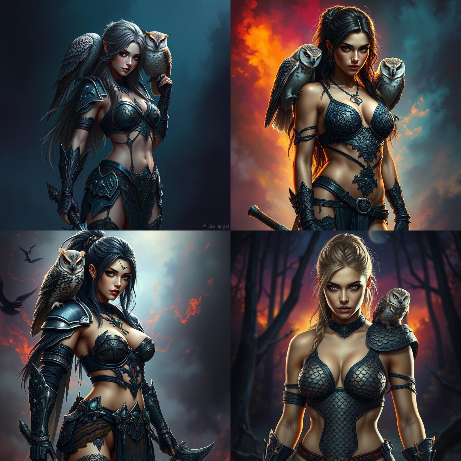 Dark Fantasy Female Warrior with Owl, Digital Art