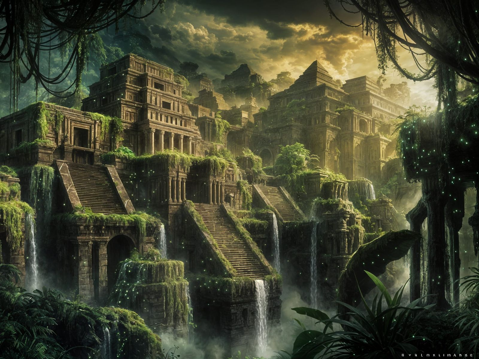 Jungle City Ruins with Glowing Vines and Waterfalls