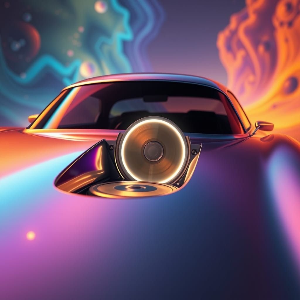 Futuristic Car in Dreamlike Scene with Glowing CD Player
