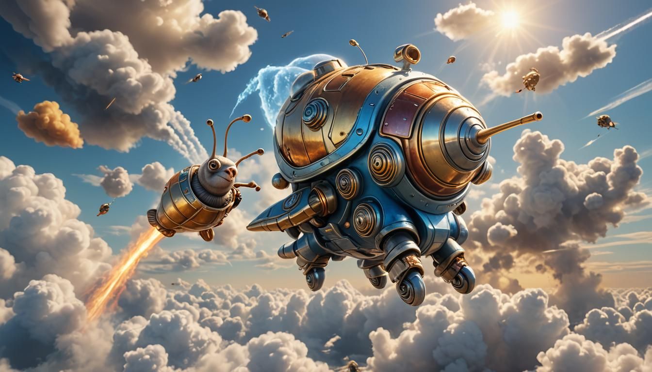 Rocket Snail Flies Through Futuristic Sky in 3D