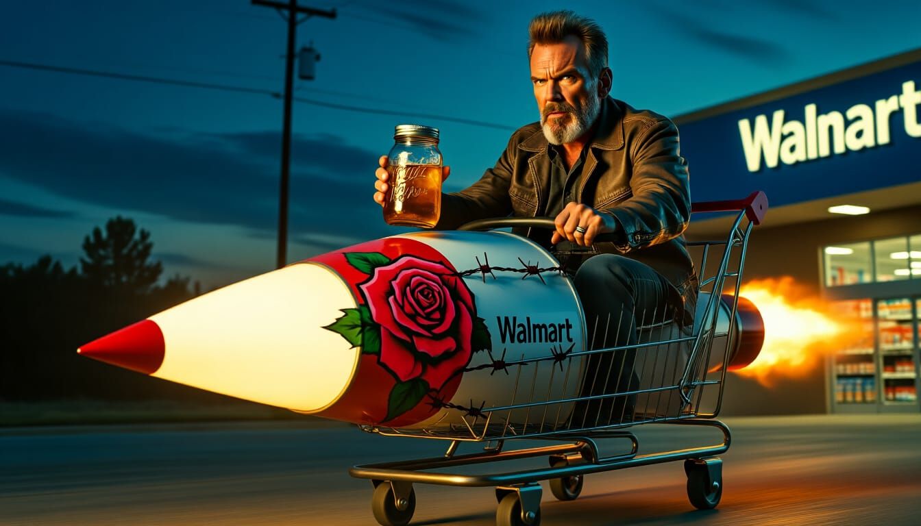 Billy Bob Thornton Rides Walmart Rocket Cart with Moonshine