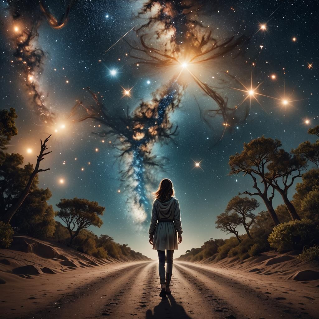 Star Pathway in Deep Space with Glowing Figure