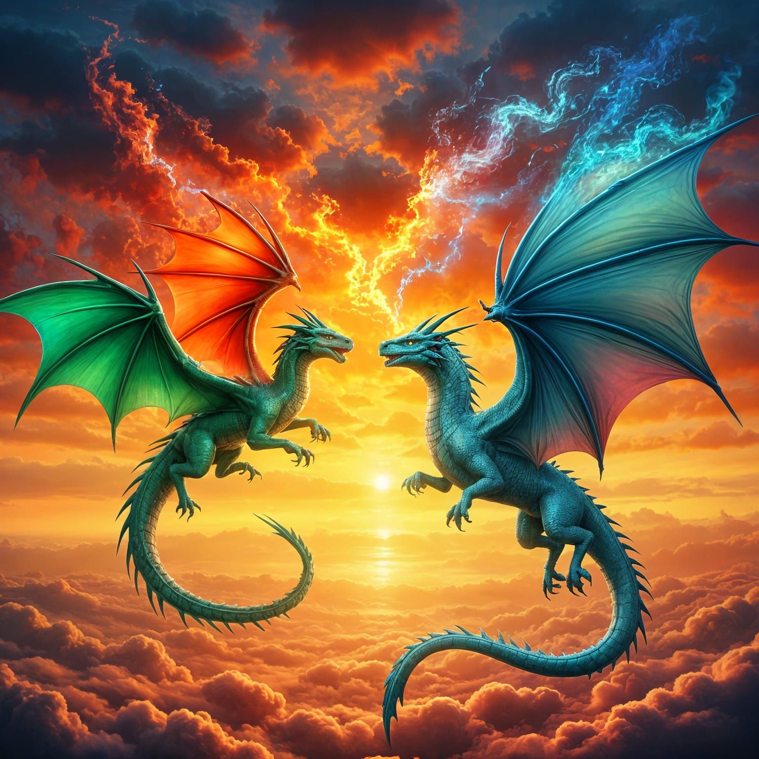 Majestic Dragons Dance Across the Sky in Vibrant Oil Paintin...