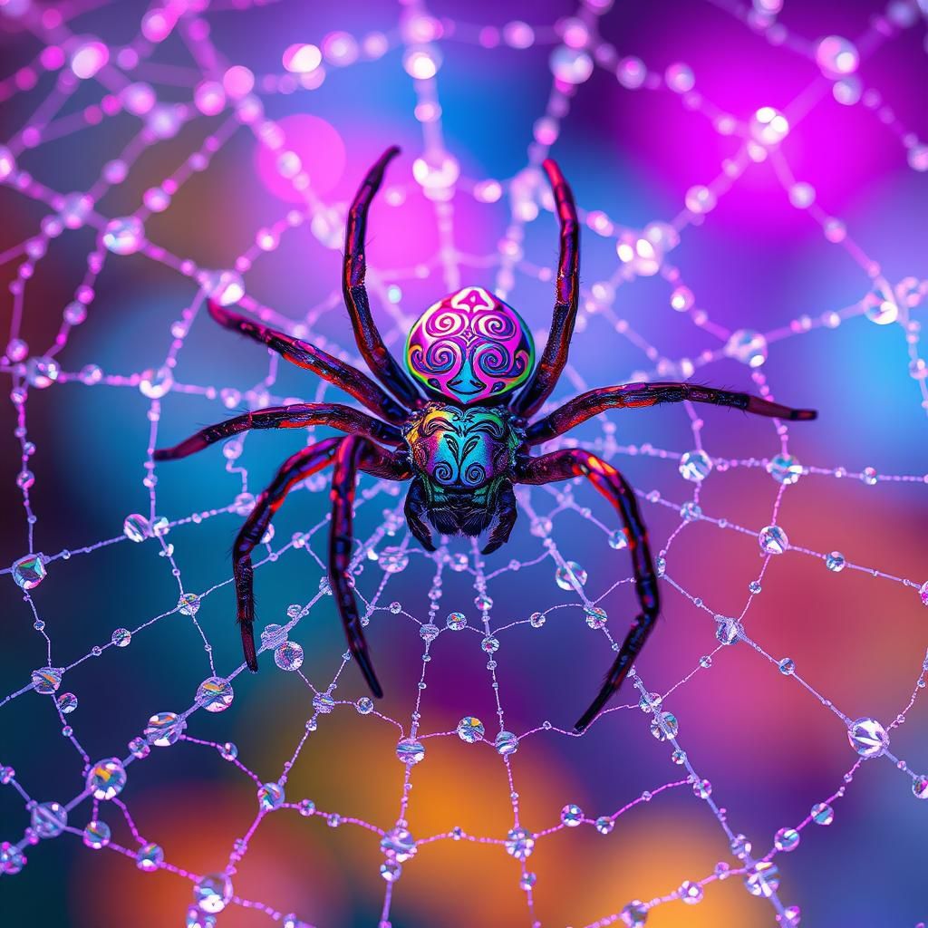 Iridescent Spider on Crystalline Web in Synthwave Style