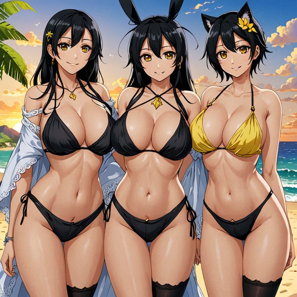 Anime Girl with Black Hair on Beach