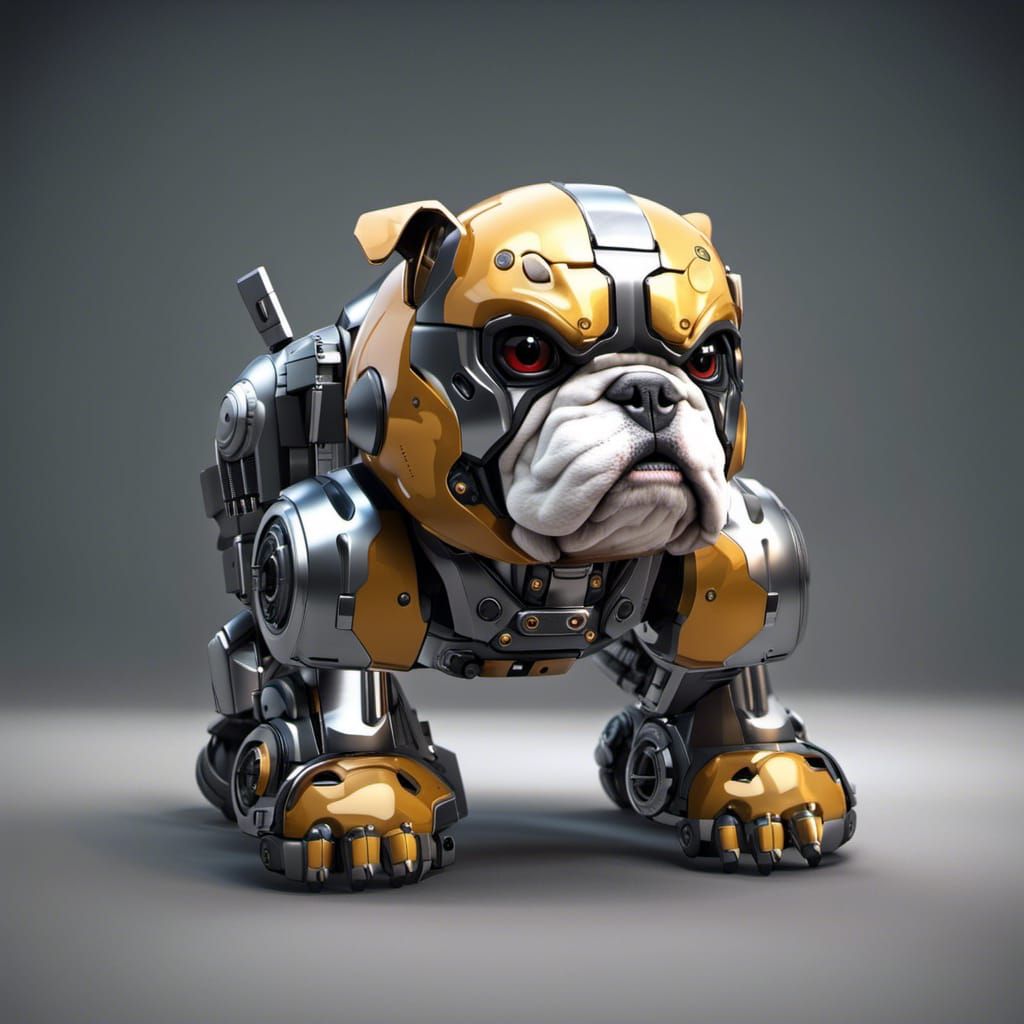 Cute Bulldog Robot War Machine in Futuristic Style