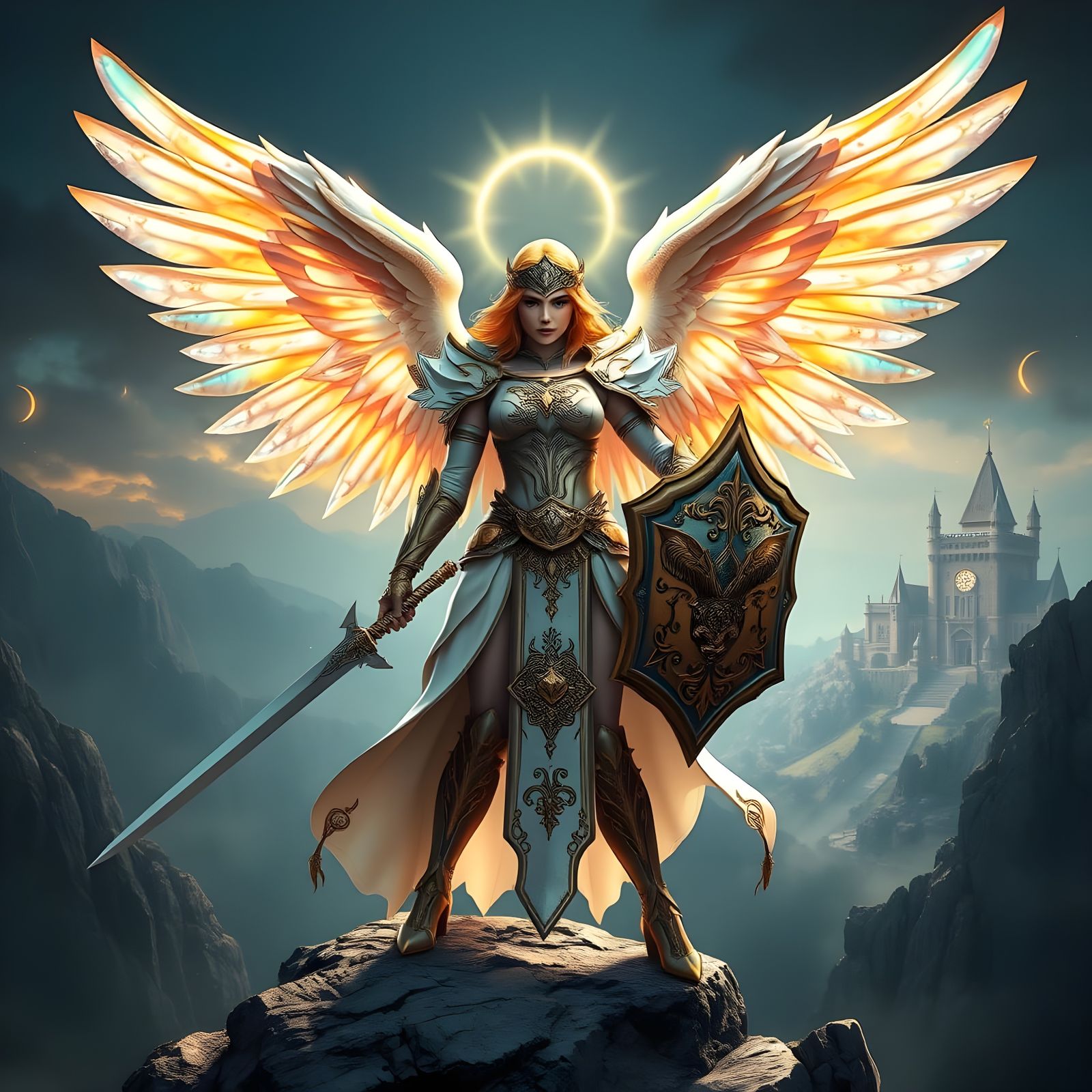 Epic Female Angel Warrior in Opalescent Armor, Surrounded by...