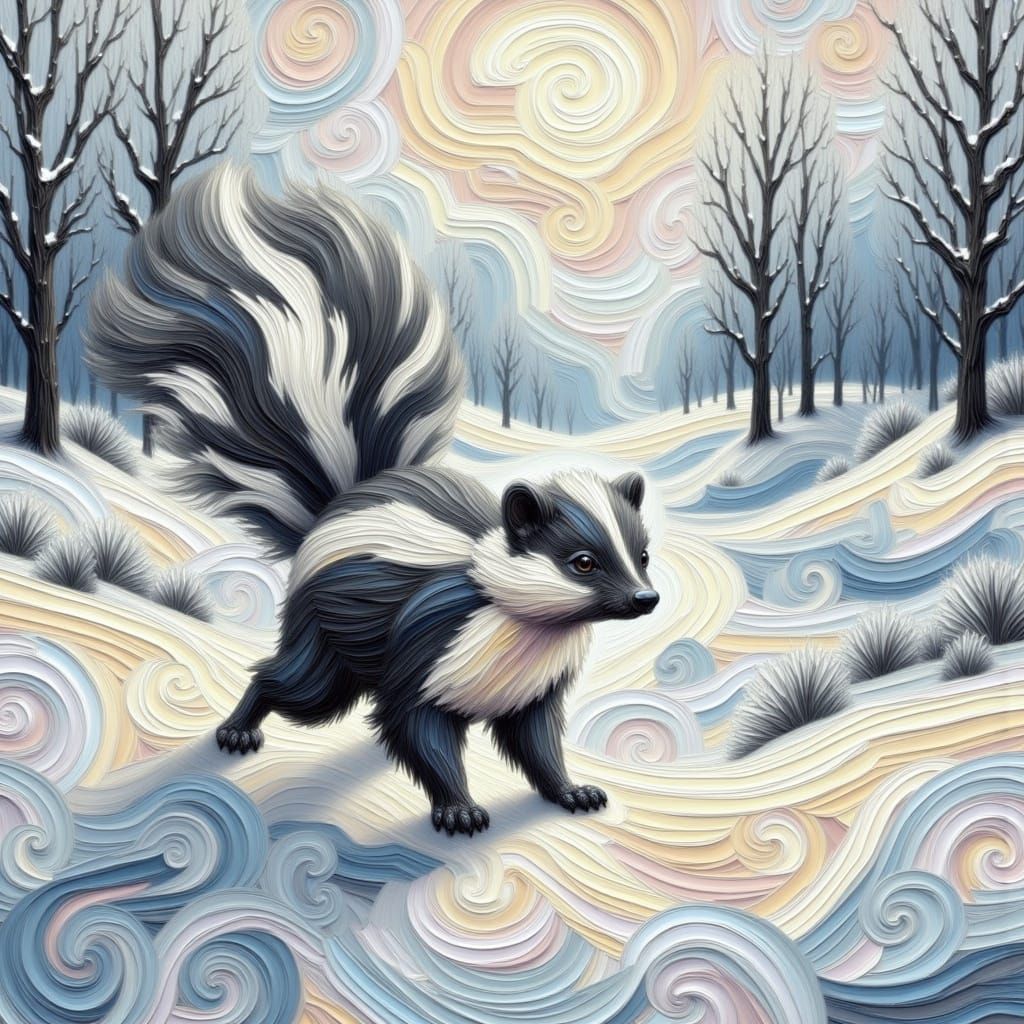 <lora:ImpastoRama:1.0> a skunk walking in the snow abstract vector fractal, wave function, Zentangle, 3d shading