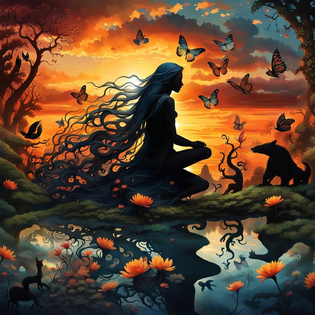 Mystical Creatures Collage at Sunset: High-Resolution Photo