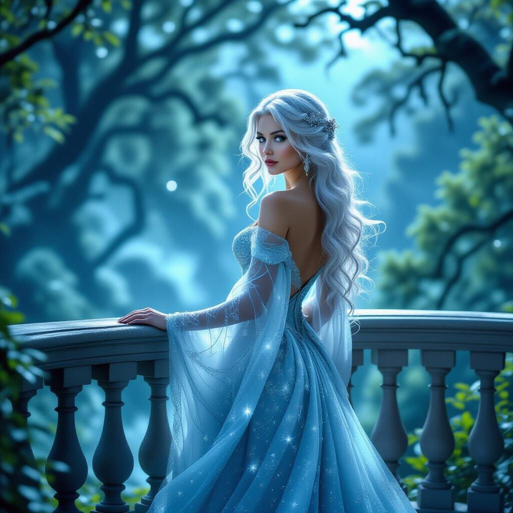 Woman with Silver Hair on Crystalline Balcony