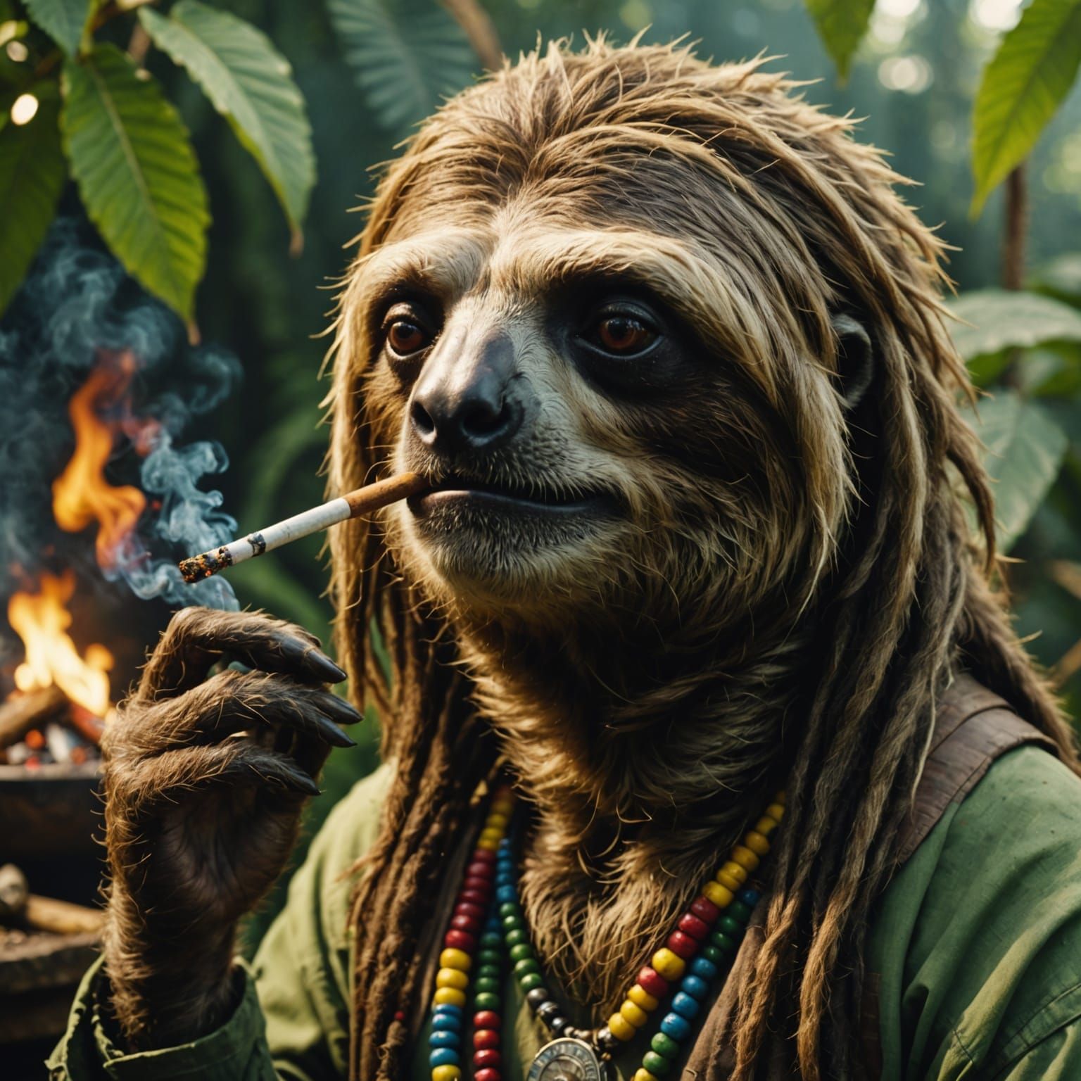 Rastafarian Sloth Smoking a Doobie Cinematic Film Still