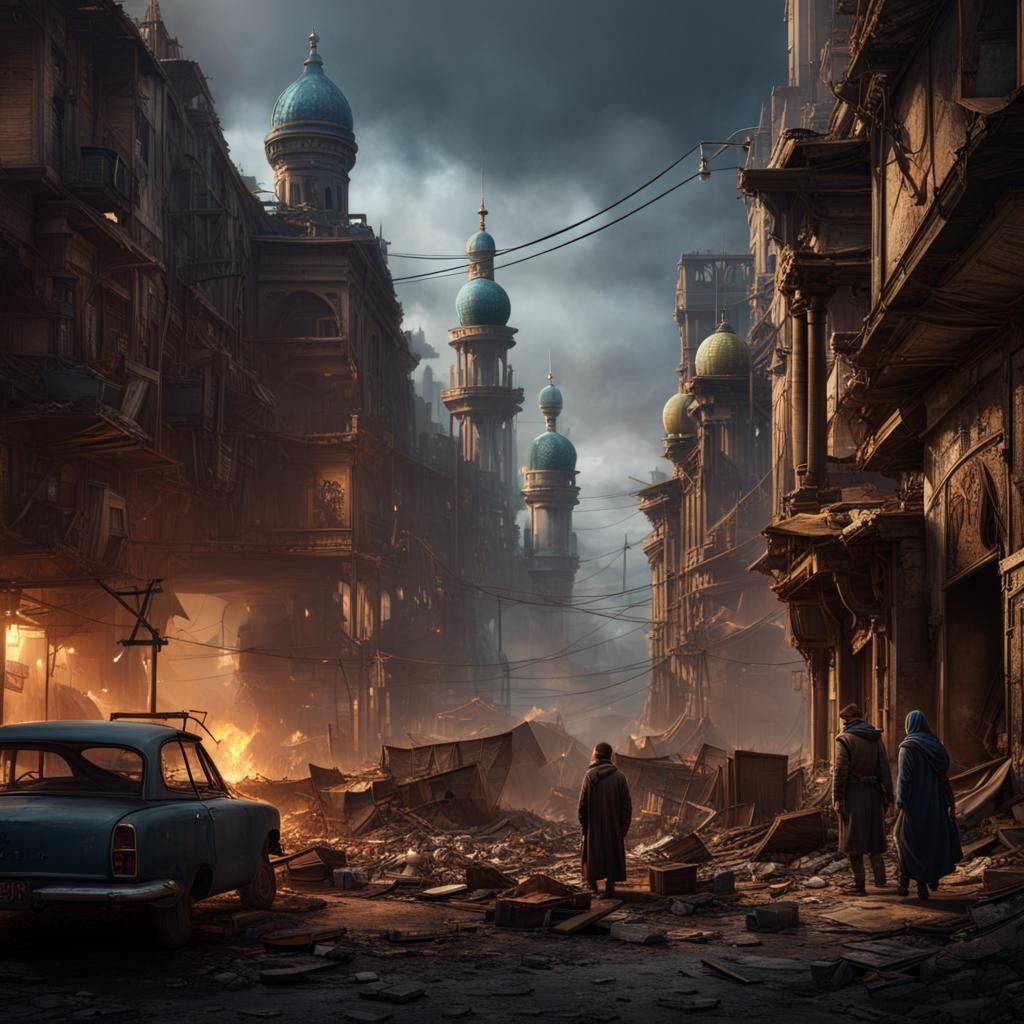 War-Torn Cityscape with Children in Detailed Matte Painting