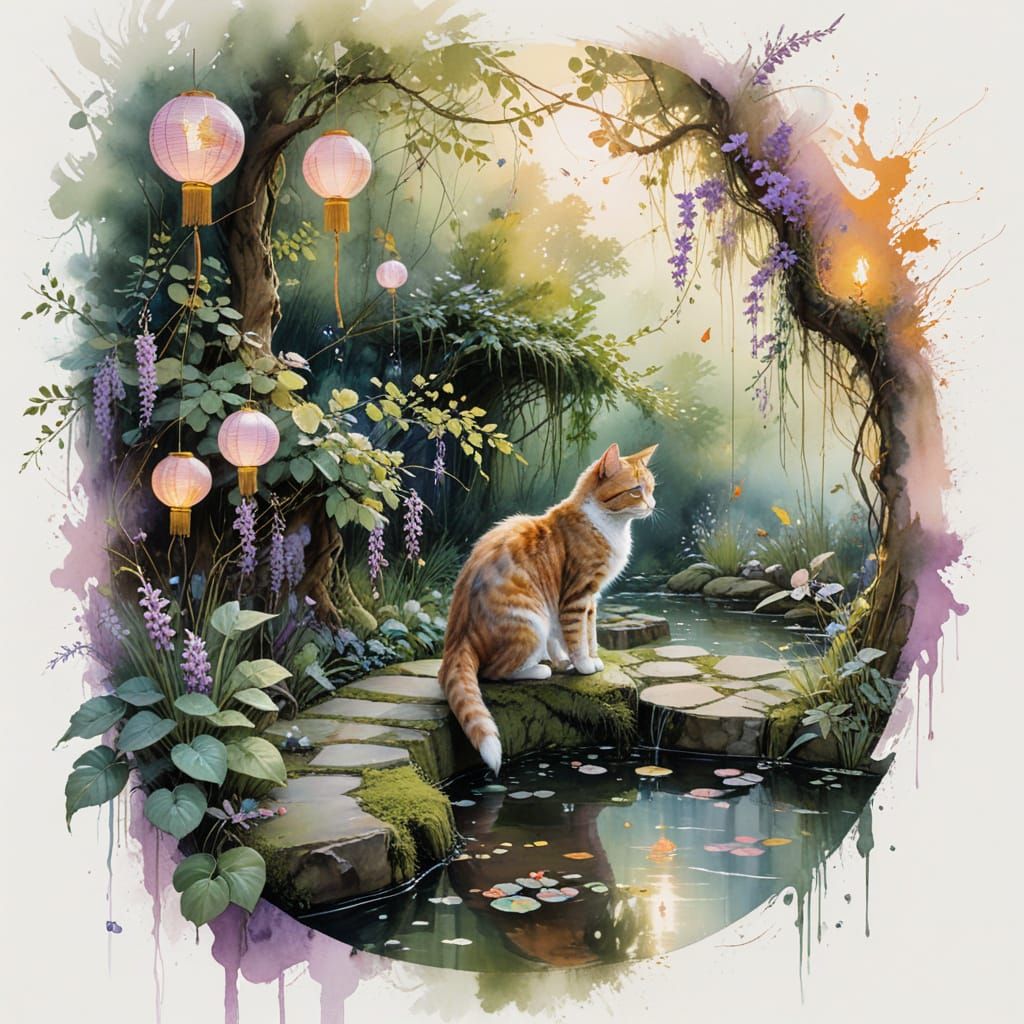 Enchanted Spring Garden at Twilight with Lanterns