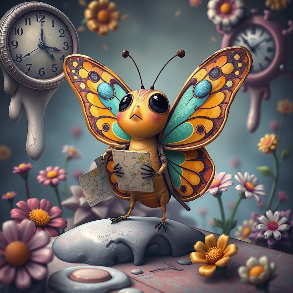 A comically confused butterfly in some weird unusual perdicu...