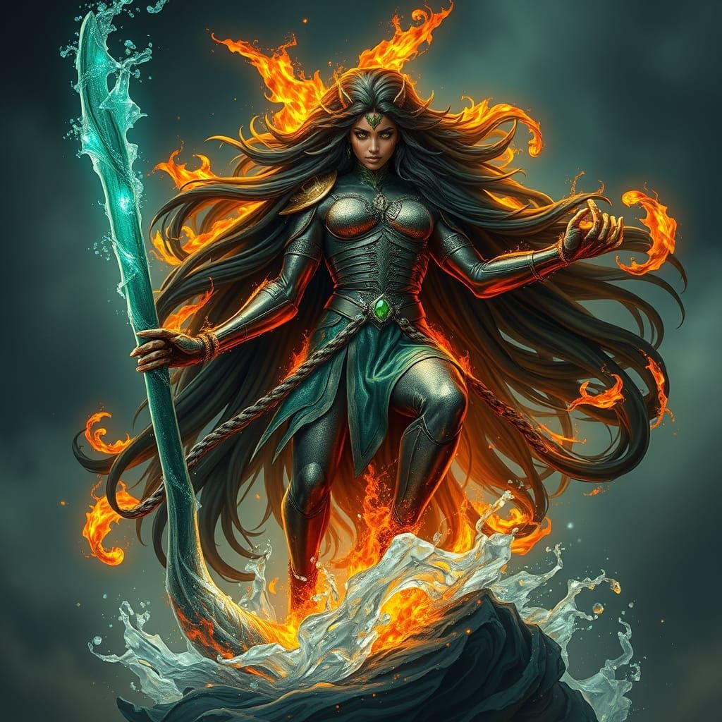 Epic Warrior Goddess in Fiery Splendor