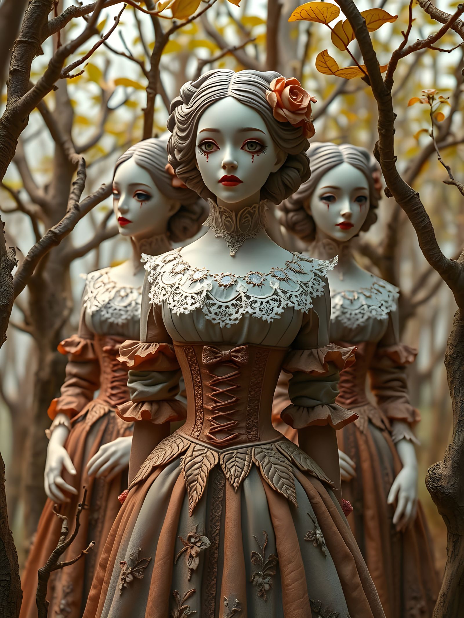 Gothic Women Shaped from Vibrant Clay in a Forest of Clay Tr...