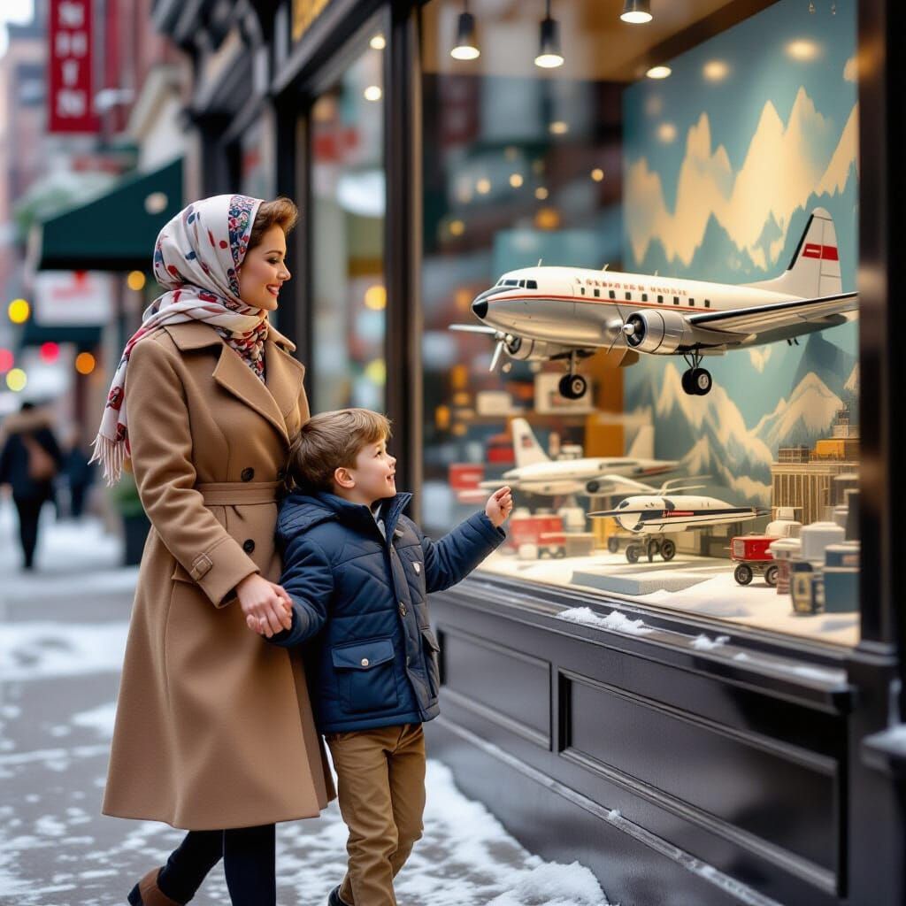Mother and Son Admire Toy Plane in 1950s NYC