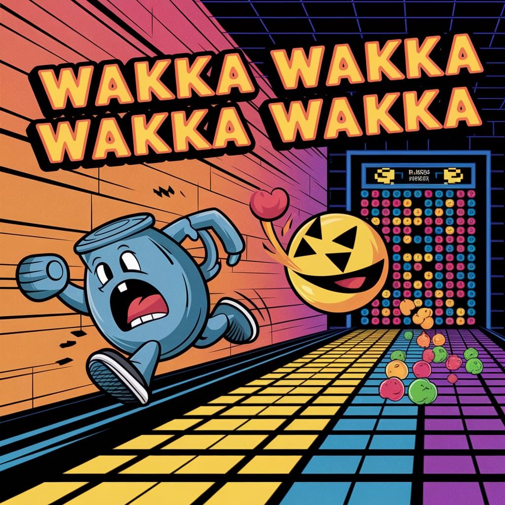 8bit AutoCAD video game, retort Pac-Man. A terrified, anthropomorphic, pixelated teapot runs from a Pac-Man who is gobbl...