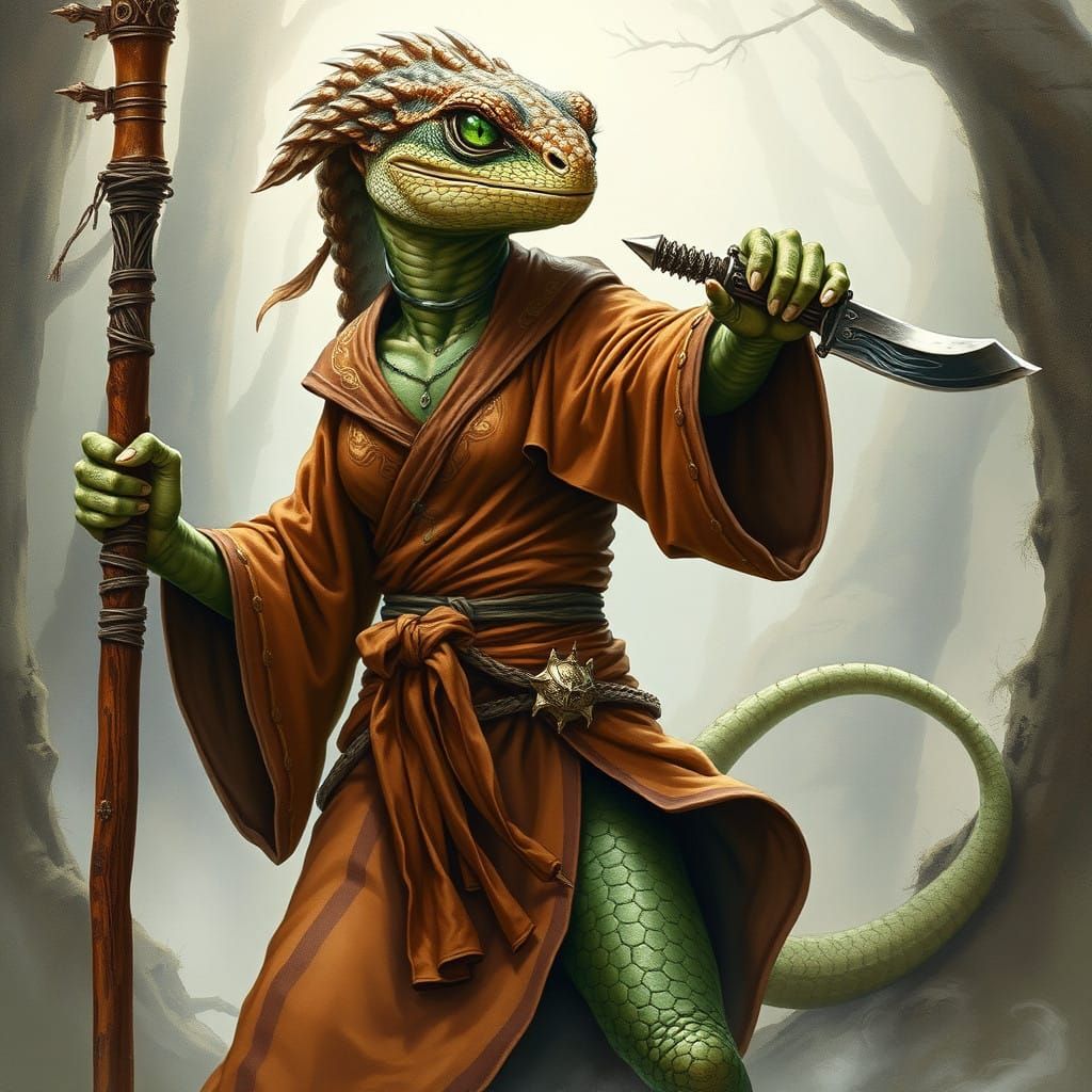 Majestic Lizard Warrior in Earth-Toned Monk Robes