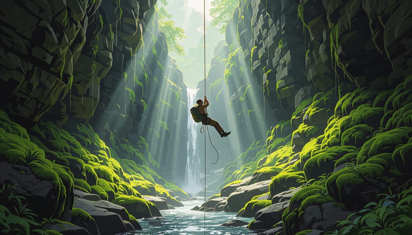Adventurer Rappels Down Mossy Ravine in Dramatic Concept Art...