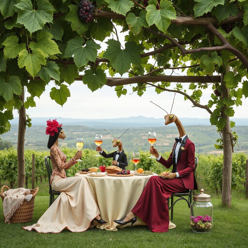 Elegantly Dressed Mantis Family Enjoying a Picnic in a Viney...