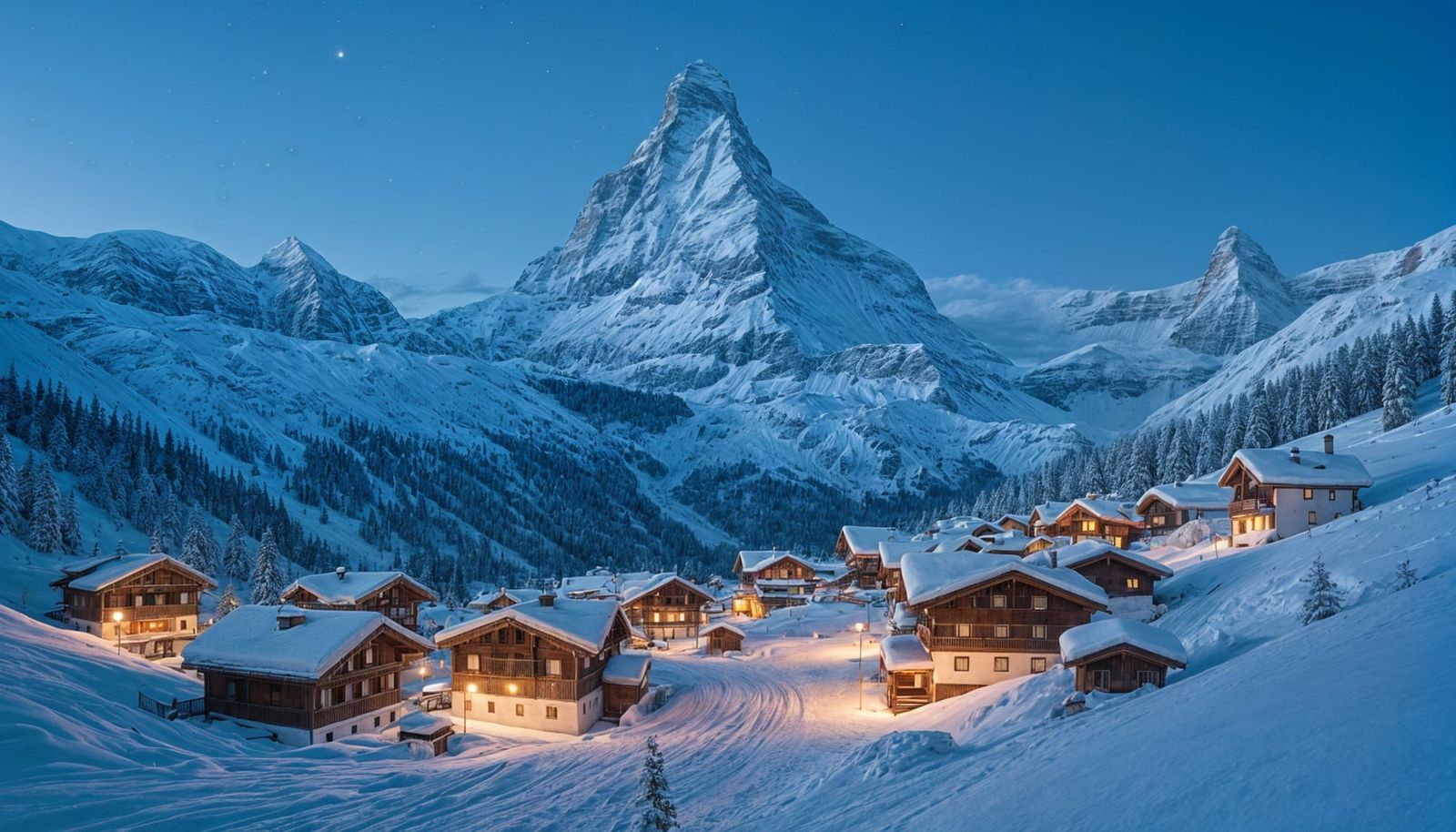 Zermatt Village and Matterhorn at Dusk, Alpine Winter Scene