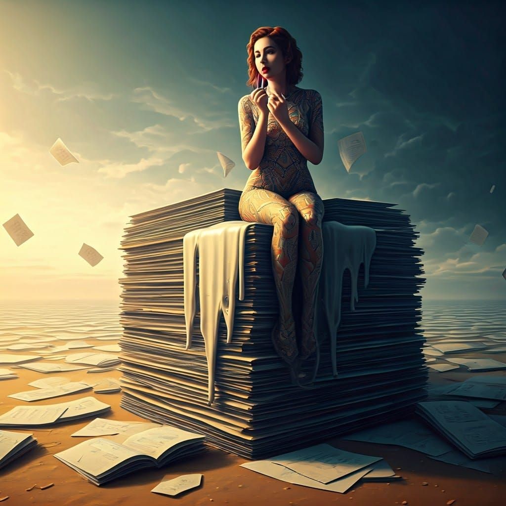 Surreal documentary junk, thousands of folders, papers in a kind of desert and a woman sitting on a pile of folders pain...