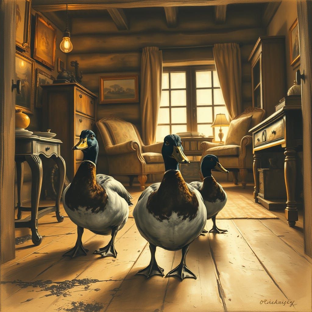 Mallard Ducks Explore a Cozy Rustic Abode in Charcoal Drawin...