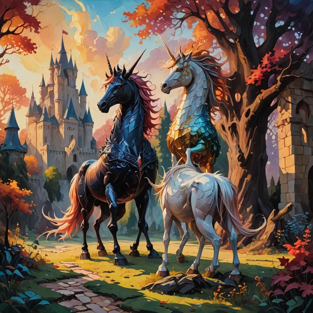 Battle Unicorn and Dragon Oil Painting