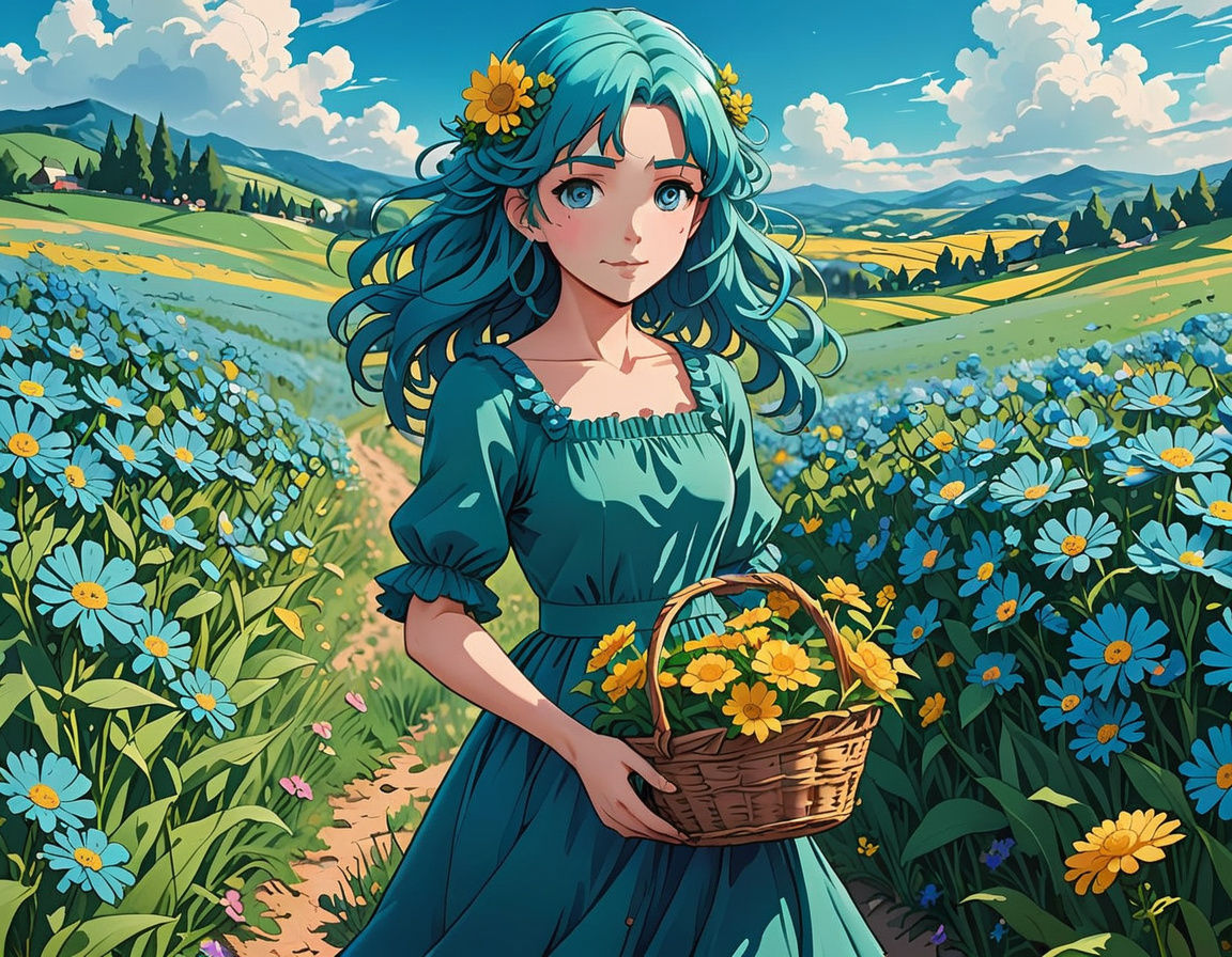 Anime Girl with Flowers in a Field