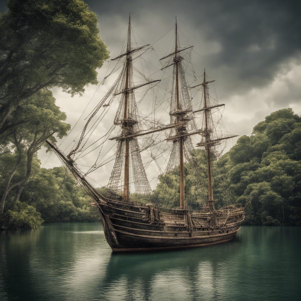 Eighteenth Century Sailing Ship in Jungle Lagoon