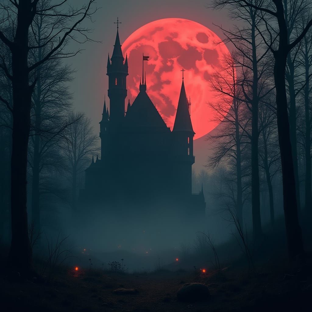 Gothic Castle Silhouette Under Crimson Moon