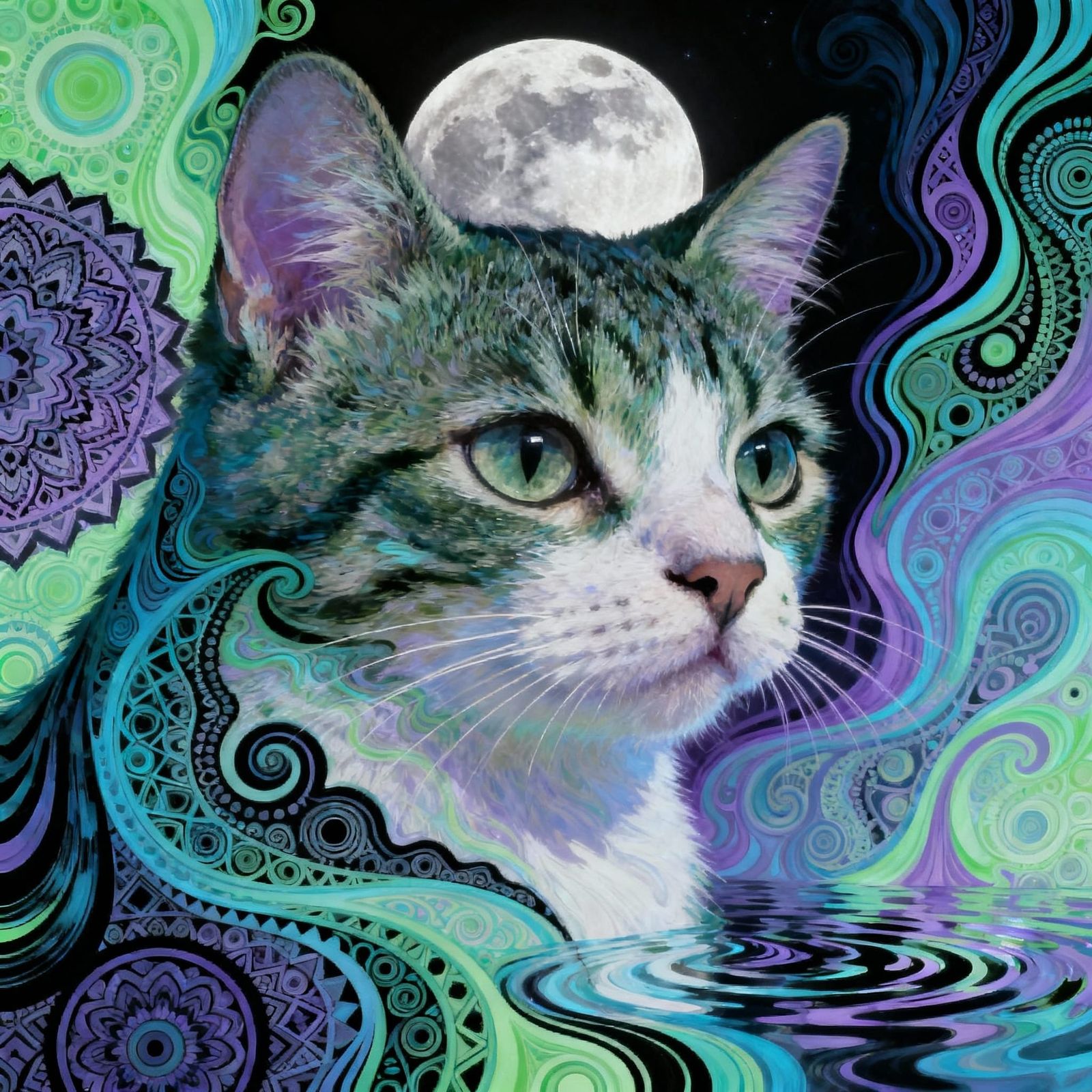 Psychedelic Cat Portrait With Moon in Swirling Pastel Colors