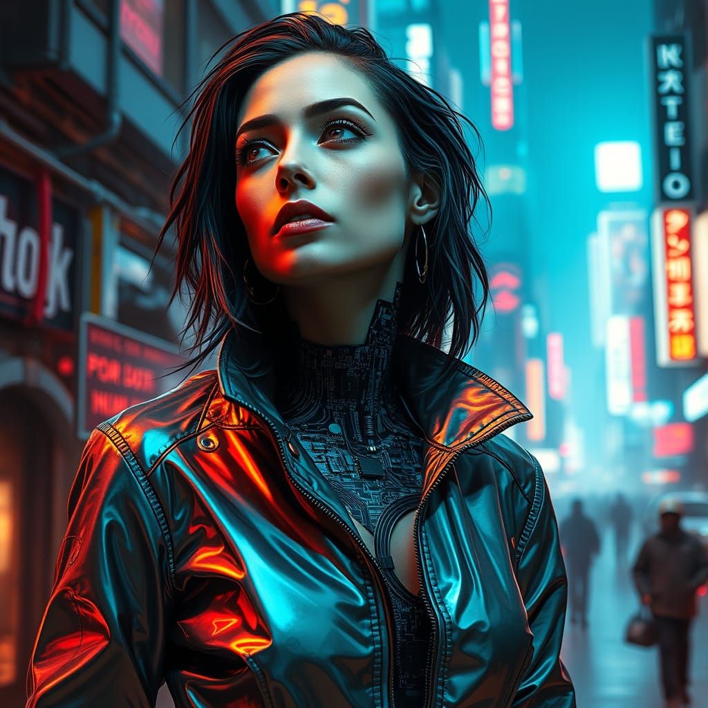 Cyberpunk Woman Integrated with Computer Circuitry