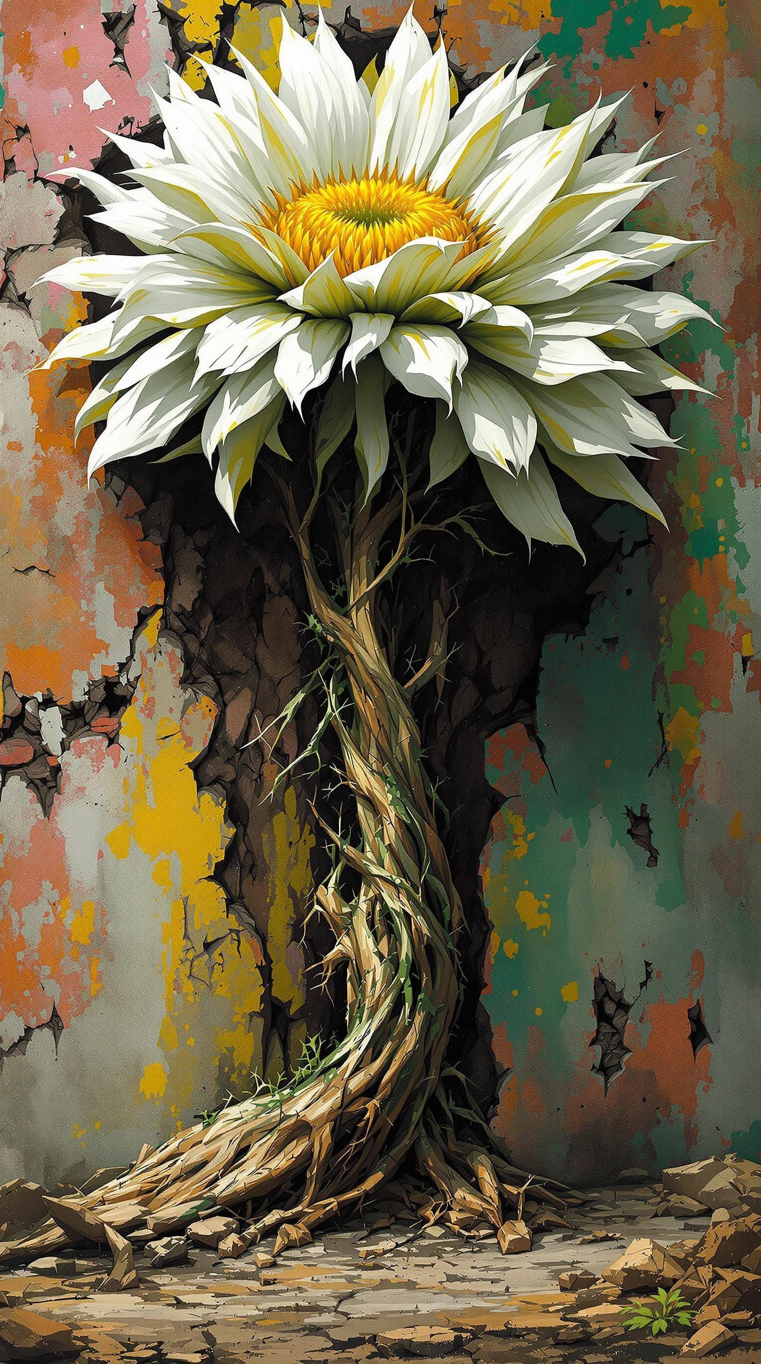 Gnarled White Daisy Towers Amidst Post-Apocalyptic Ruins