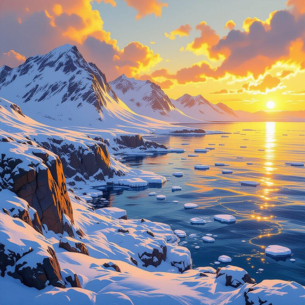 Golden Light on Icy Mountain Coastline