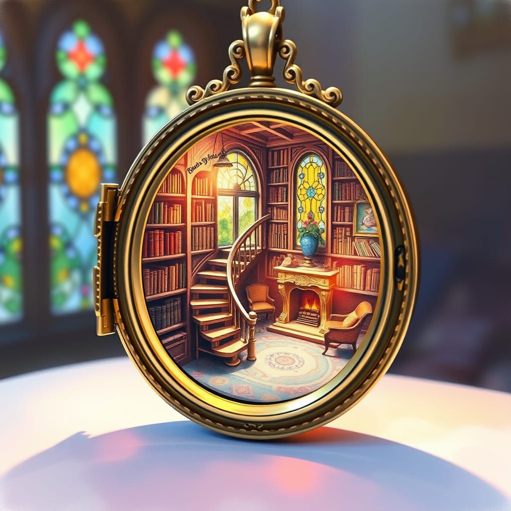 Miniature Edwardian Library Inside Locket, as Watercolor