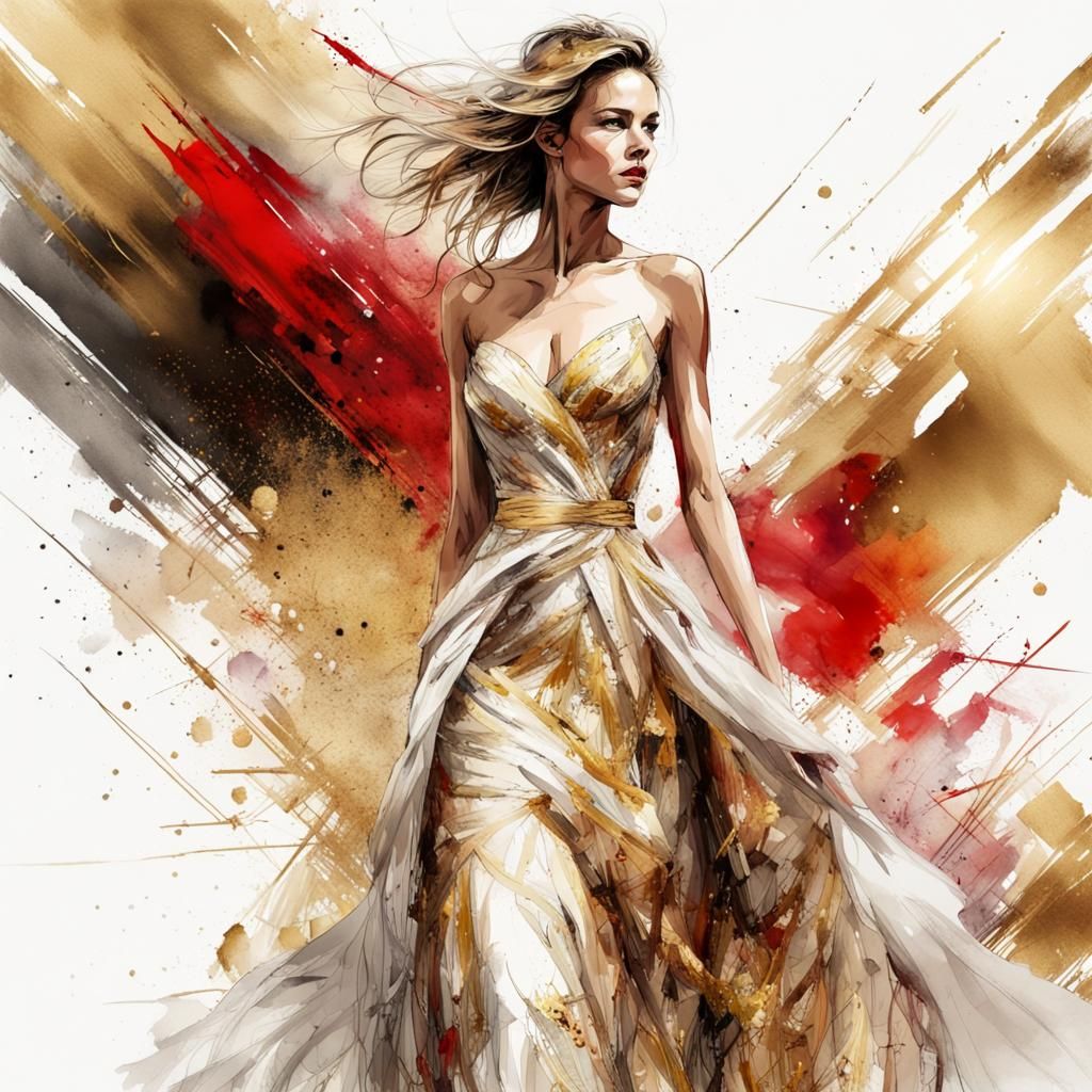 Glamorous Woman on Red Carpet in Digital Watercolor