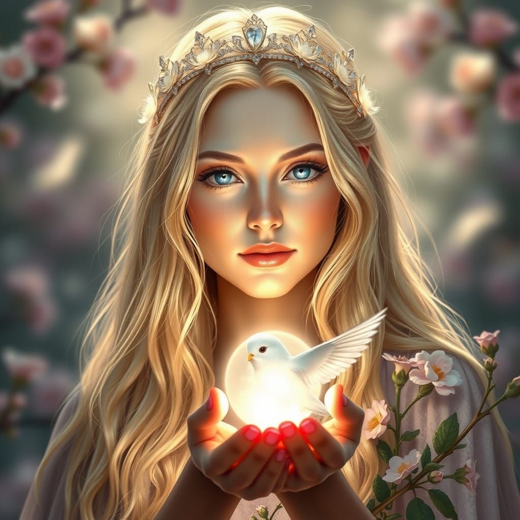 Blonde Sorceress of Light with Angelic Wings and a Halo of L...