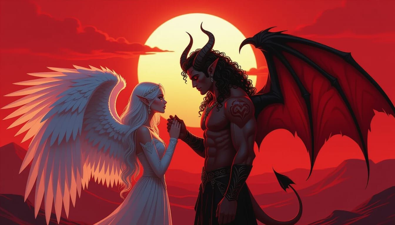Angel and Demon Embrace Under Crimson Sunset