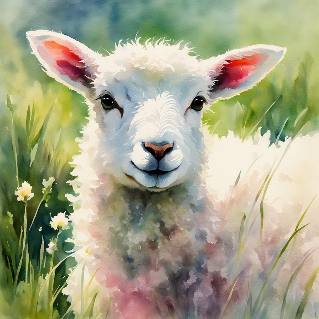 Delicate Watercolour Lamb Portrait in Sunlight