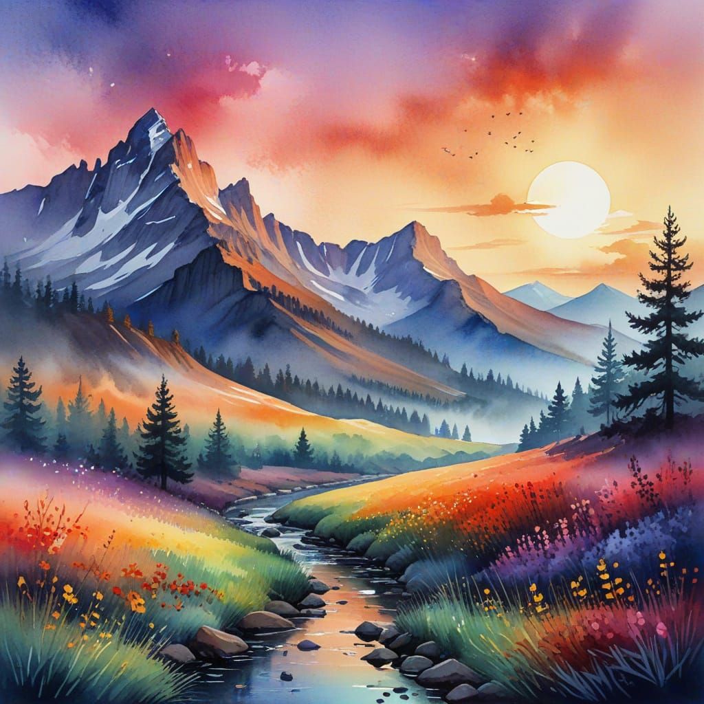 Dreamcore Landscape in Gradient Watercolor Style