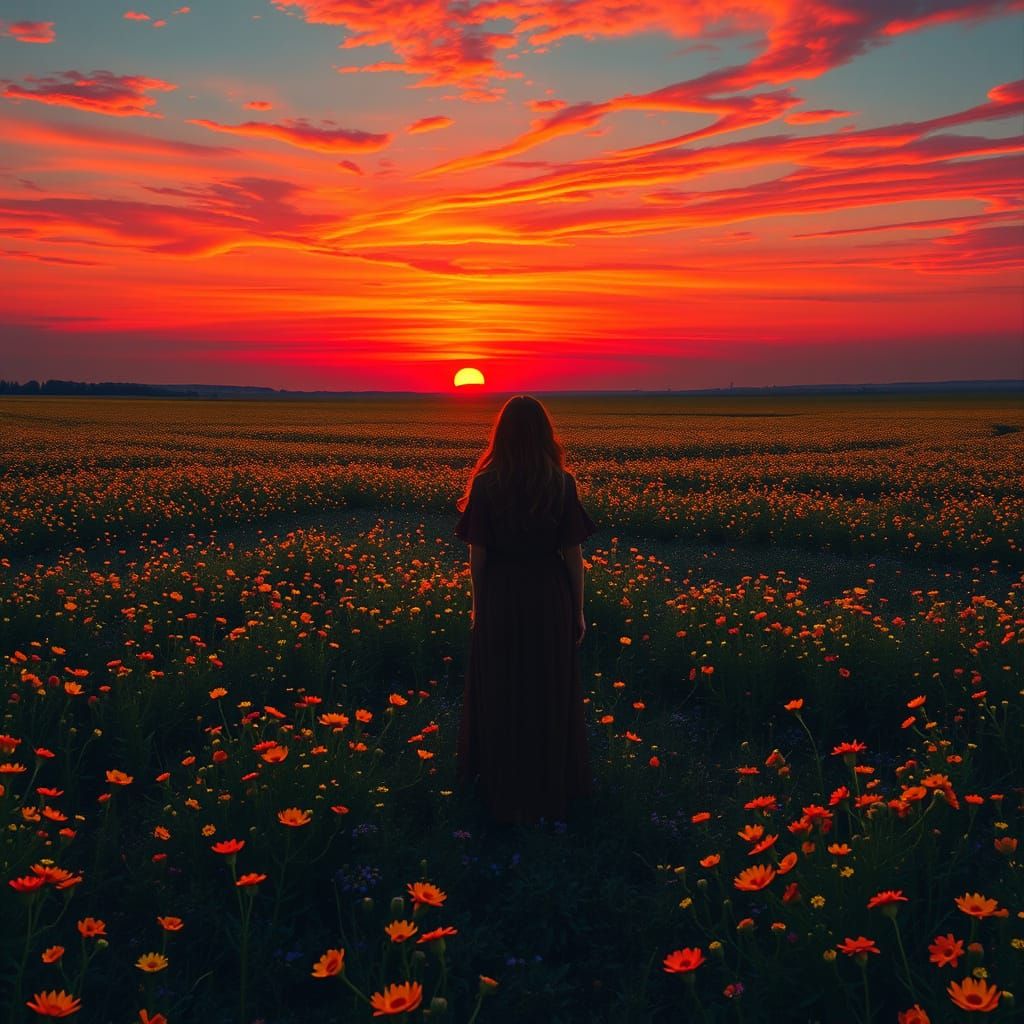 Romantic Sunset in a Dreamy Meadow Landscape