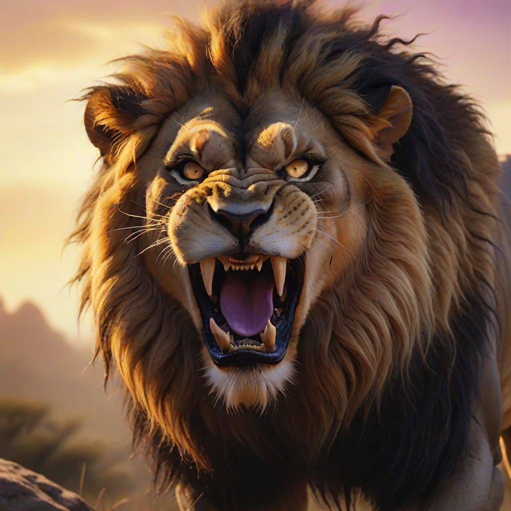 Menacing Lion Roars in Dramatic Golden Hour Light