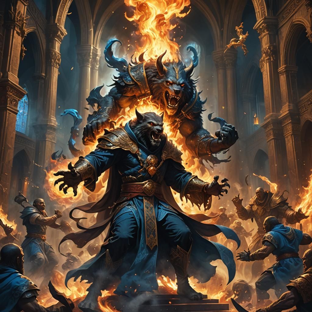 Lycanthrope Priest Battles Demons in Burning Church